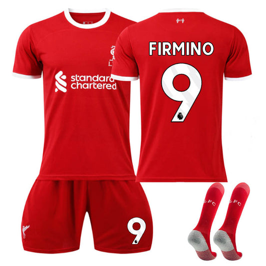 UONNO Liverpool Home Jersey FIRMINO #9 Soccer Jersey Kids Adult 3-Pieces Jersey Kits