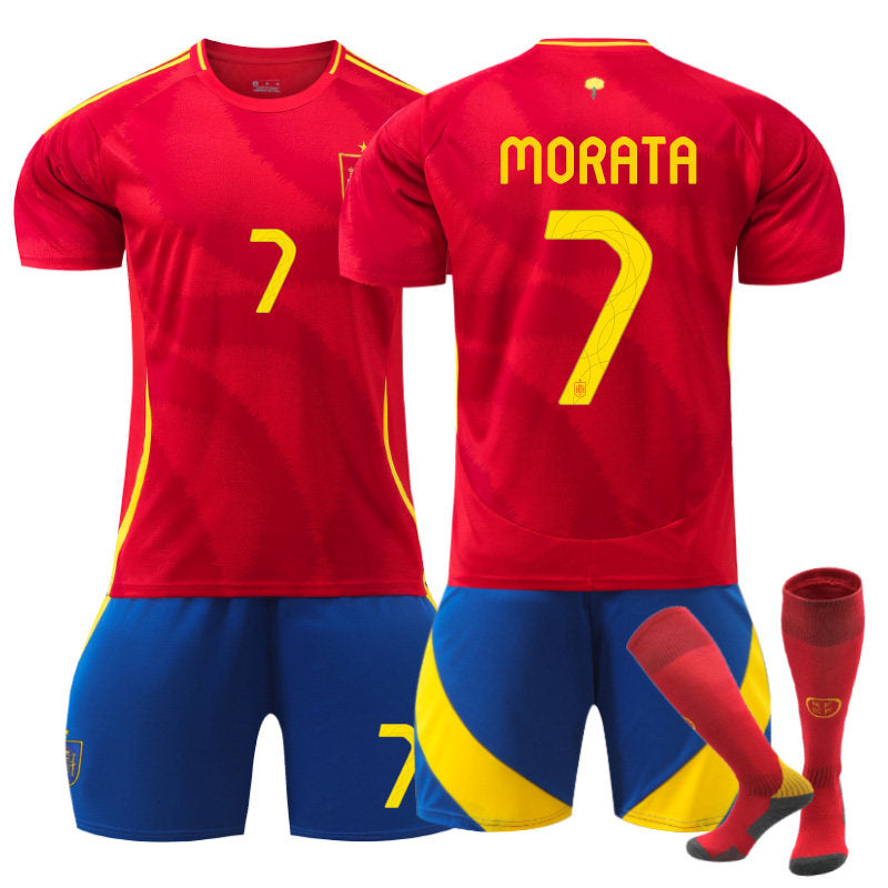 UONNO MORATA #7 Spain Home Jersey Soccer Jersey Kit Football T-shirt Set for Adult Kids