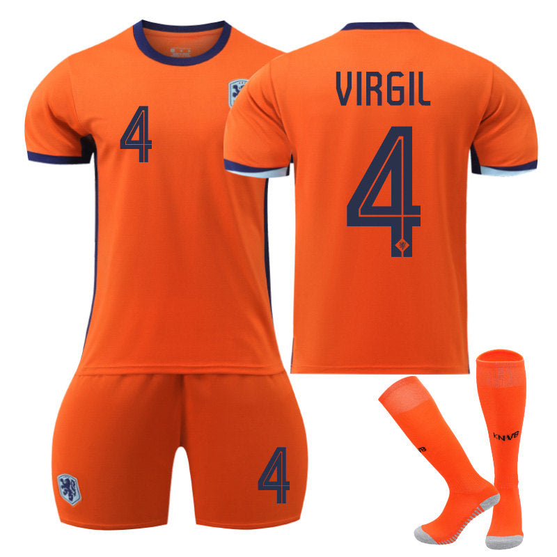 UONNO VIRGIL #4 Netherlands Home Jersey Soccer Jersey Kit Football T-shirt Set for Adult Kids