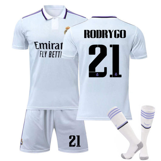 UONNO Real Madrid Home Jersey 2022-23 RODRYGO #21 Soccer Jersey Kids Adult 3-Pieces Jersey Kits