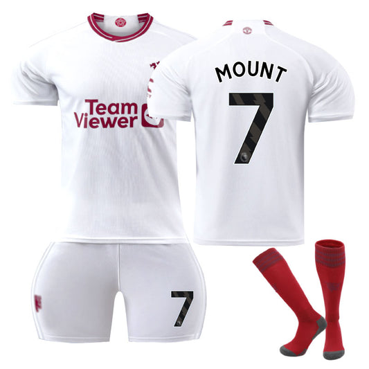 UONNO Red Devil Man Utd Second Away Jersey MOUNT #7 Soccer Jersey Kids Adult 3Pcs Jersey Kits