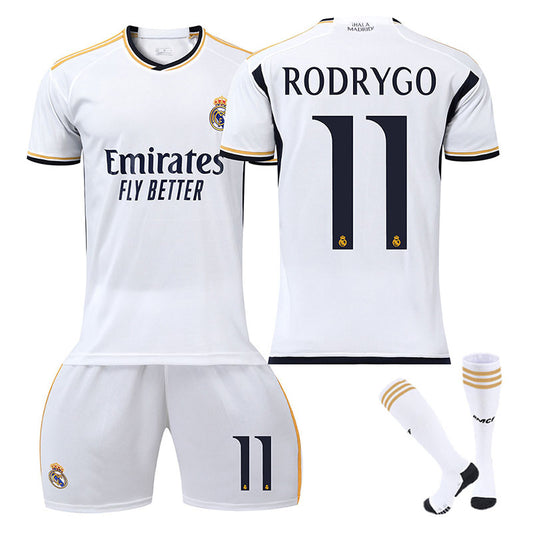 UONNO Real Madrid Home Jersey RODRYGO #11 Soccer Jersey Kids Adult 3Pcs Jersey Kits