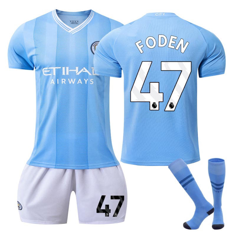 UONNO Manchester City Home WS Jersey FODEN #47 Soccer Jersey Kids Adult 3Pcs Jersey Kits