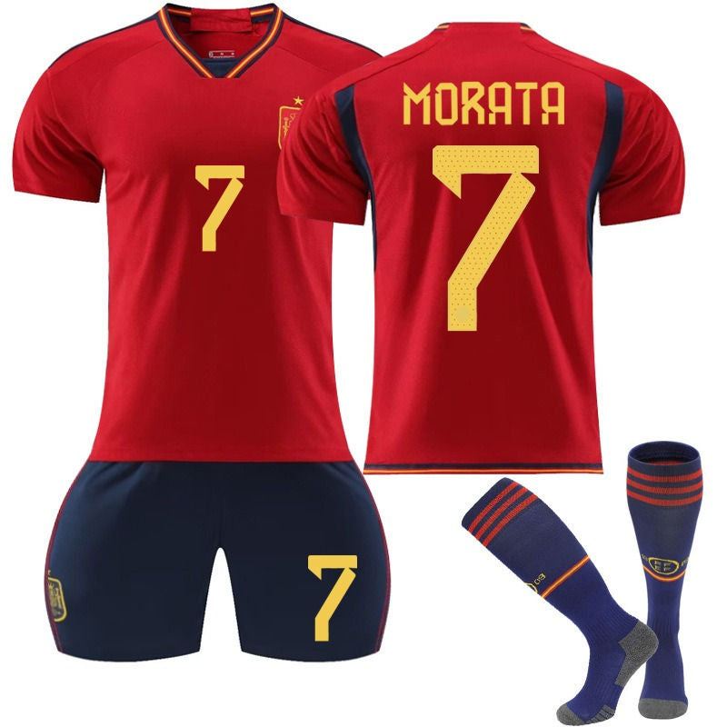 UONNO MORATA #7 Spain Home Jersey 2022/23 Soccer Jersey Kit Football T-shirt Set For Adult Kids