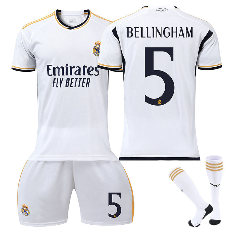 UONNO Real Madrid Home Jersey BELLINGHAM #5 Soccer Jersey Kids Adult 3Pcs Jersey Kits