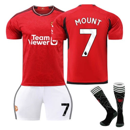 UONNO Red Devil Man Utd Home Jersey MOUNT #7 Soccer Jersey Kids Adult 3Pcs Jersey Kits