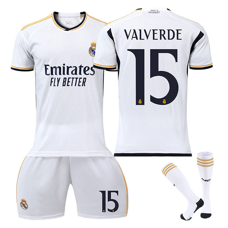 UONNO Real Madrid Home Jersey VALVERDE #15 Soccer Jersey Kids Adult 3Pcs Jersey Kits