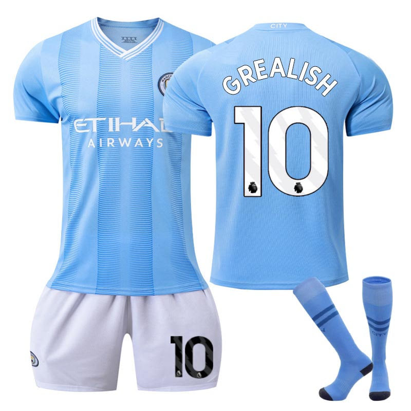 UONNO Manchester City Home WS Jersey GREALISH #10 Soccer Jersey Kids Adult 3Pcs Jersey Kits