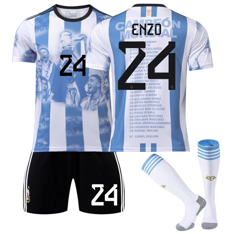 UONNO Argentina Win Commemoration Jersey 2324 Edition ENZO #24 Soccer Jersey Kids Adult 3Pcs Jersey Kits