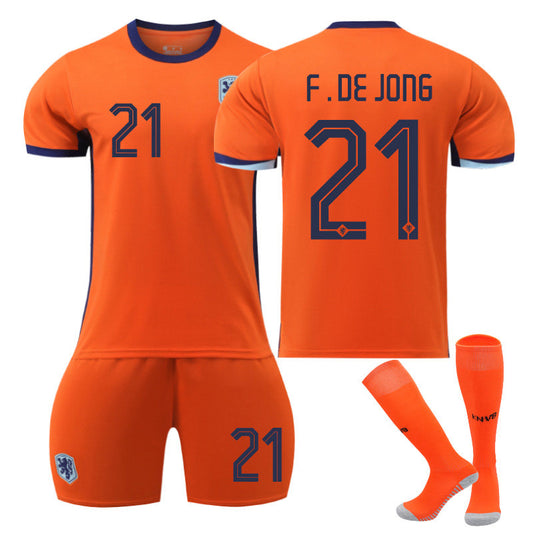 UONNO F.DE.JONG #21 Netherlands Home Jersey Soccer Jersey Kit Football T-shirt Set for Adult Kids