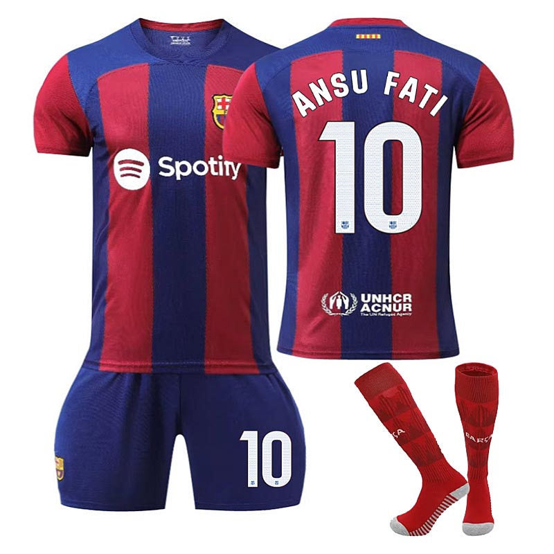 UONNO Barca Home Jersey ANSU FATI #10 Soccer Jersey Kids Adult 3-Pieces Jersey Kits