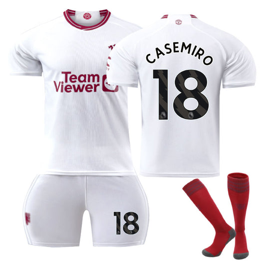 UONNO Red Devil Man Utd Second Away Jersey CASEMIRO #18 Soccer Jersey Kids Adult 3Pcs Jersey Kits