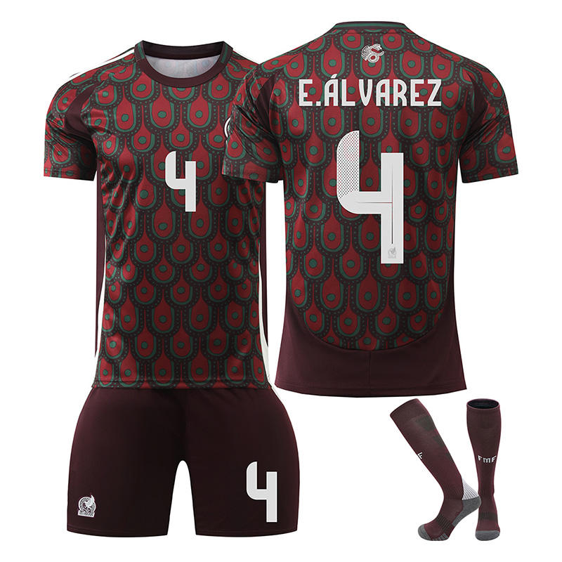 UONNO E.ALVAREZ #4 Mexico Home Jersey Soccer Jersey Kit Football T-shirt Set for Adult Kids