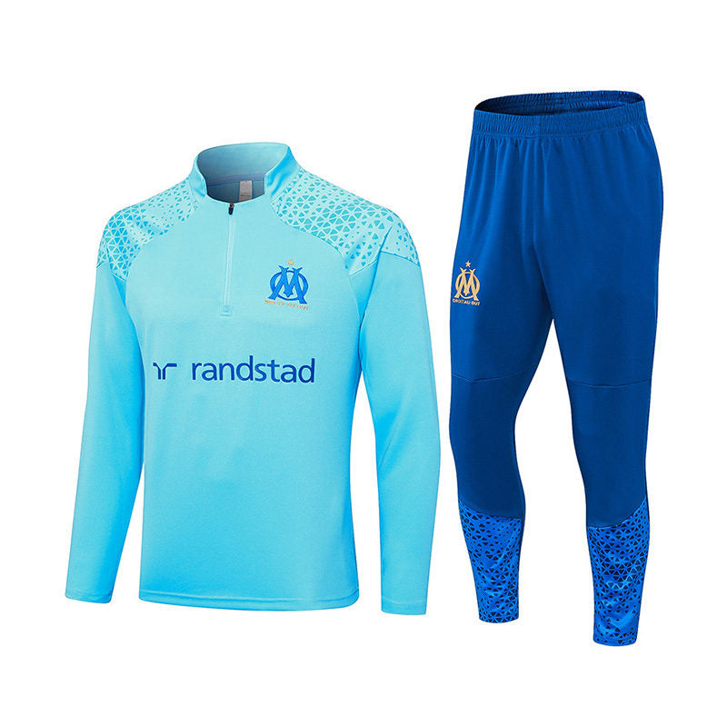 UONNO Marseille Soccer Suit Football Training Suit with Long Sleeves Half Zipper for Kids Adult-LightBlue