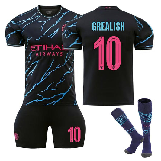 UONNO Manchester City Second Away UEFA Jersey GREALISH #10 Soccer Jersey Kids Adult 3Pcs Jersey Kits