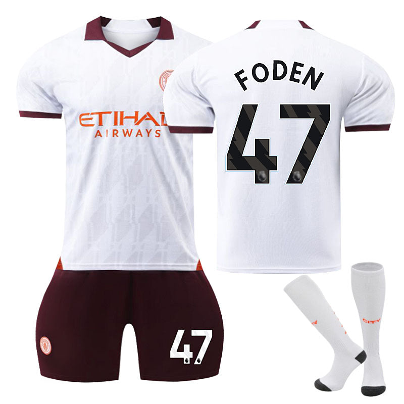 UONNO Manchester City Away Jersey FODEN #47 Soccer Jersey Kids Adult 3Pcs Jersey Kits-Brown