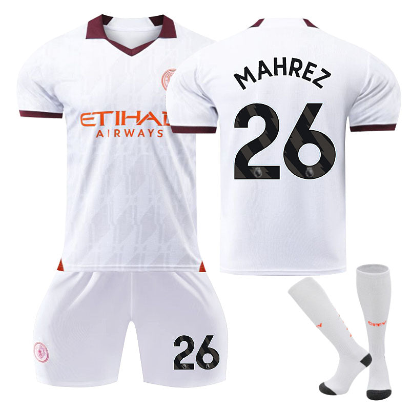 UONNO Manchester City Away Jersey MAHREZ #26 Soccer Jersey Kids Adult 3Pcs Jersey Kits-White