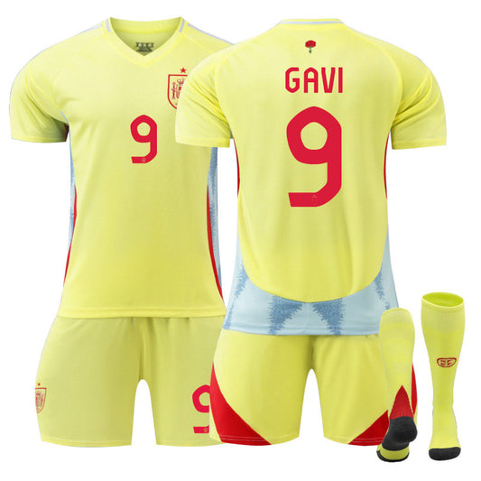 UONNO GAVI #9 Spain Away Jersey Soccer Jersey Kit Football T-shirt Set for Adult Kids