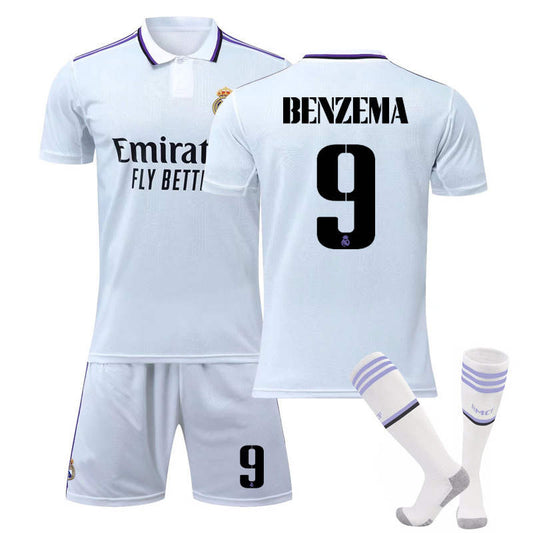 UONNO Real Madrid Home Jersey 2022-23 BENZEMA #9 Soccer Jersey Kids Adult 3-Pieces Jersey Kits