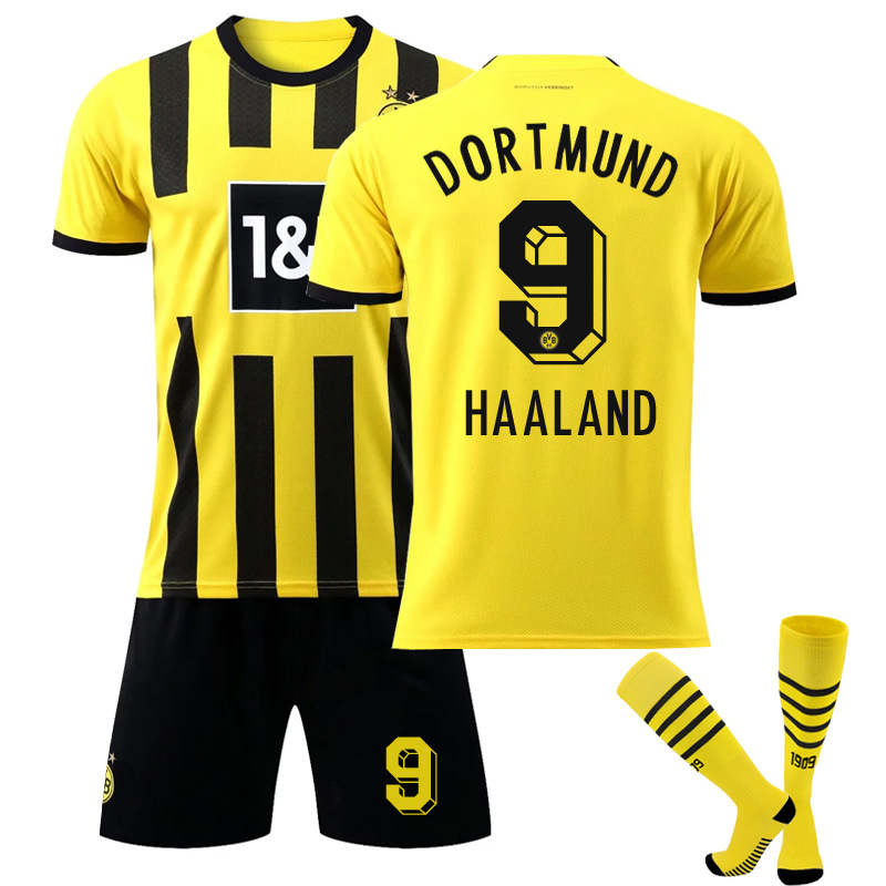 UONNO Dortmund Home Jersey 2022-23 HAALAND #9 Soccer Jersey Kids Adult 3-Pieces Jersey Kits