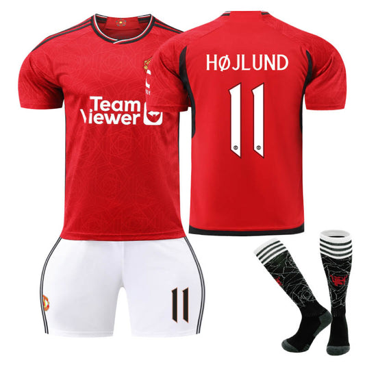 UONNO Red Devil Home Jersey HOJLUND #11 Soccer Jersey Kids Adult 3Pcs Jersey Kits