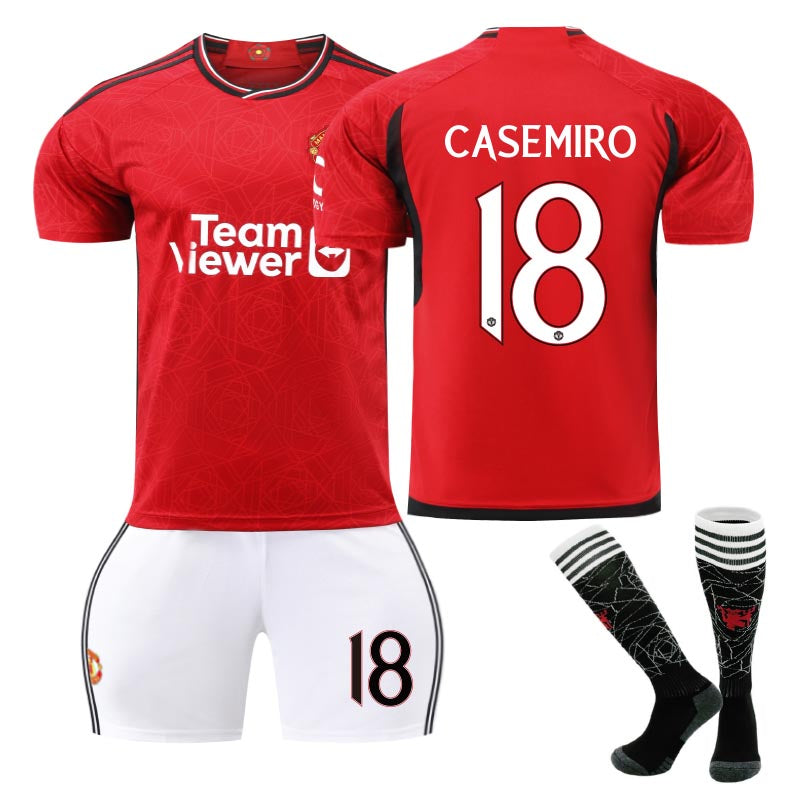 UONNO Red Devil Home Jersey CASEMIRO #18 Soccer Jersey Kids Adult 3Pcs Jersey Kits