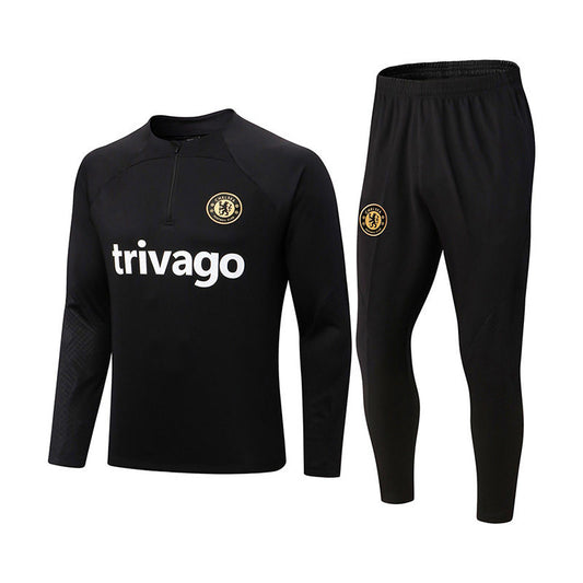 UONNO Chelsea Soccer Jersey Football Training Suit with Long Sleeves Half Zipper for Adults-Black