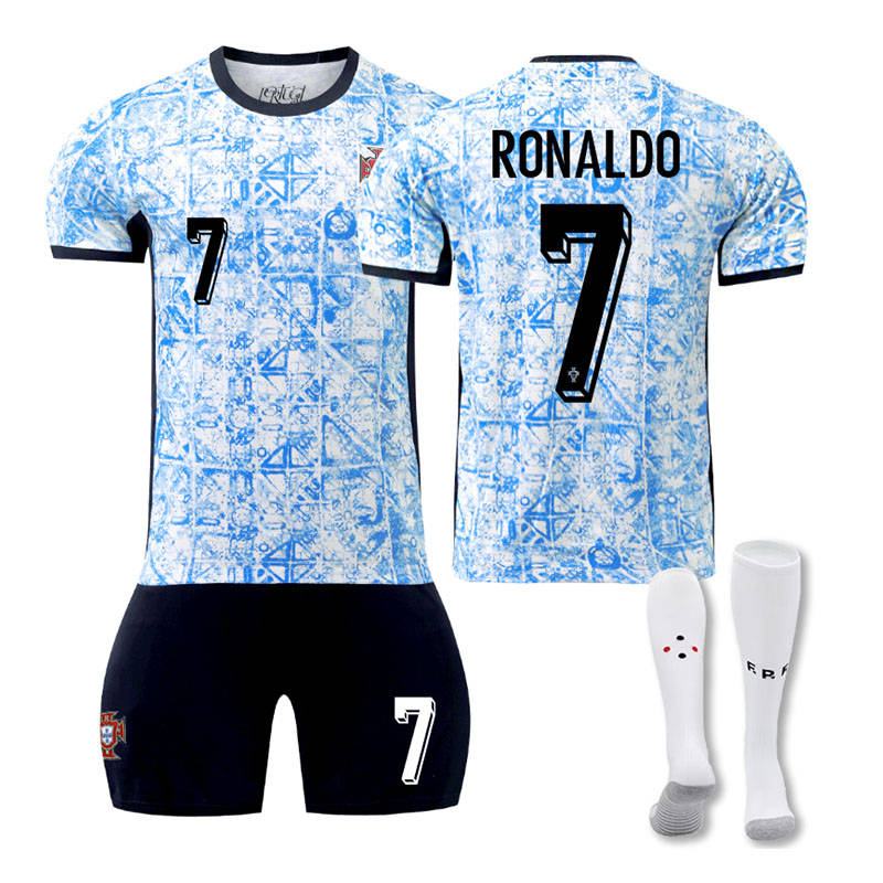 UONNO RONALDO #7 Portugal Away Soccer Jersey Kit Football T-shirt Set for Adult Kids