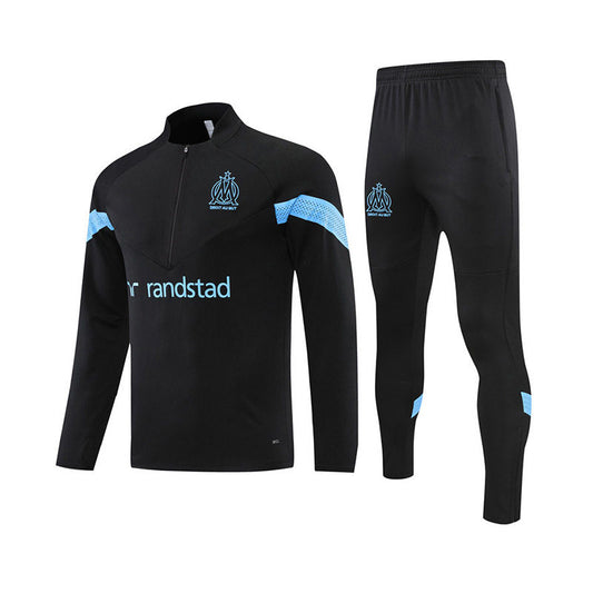 UONNO Marseille Soccer Suit Football Suit with Long Sleeves Half Zipper for Kids Adult-Black