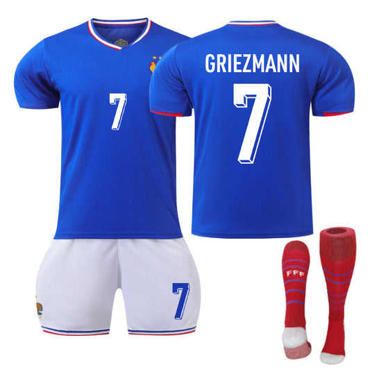 UONNO GRIEZMANN #7 French Home Jersey Soccer Jersey Kit Football T-shirt Set for Adult Kids