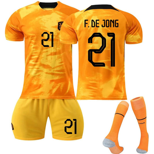 UONNO F.DE JONG #21 Netherlands Home Jersey 2022/23 Soccer Jersey Kit Football T-shirt Set For Adult Kids