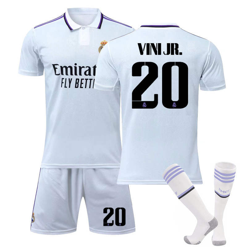 UONNO Real Madrid Home Jersey 2022-23 VINI JR. #20 Soccer Jersey Kids Adult 3-Pieces Jersey Kits