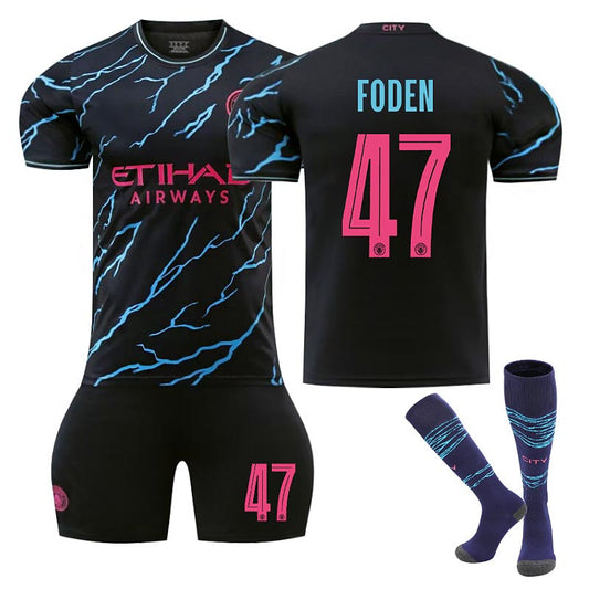 UONNO Manchester City Second Away UEFA Jersey FODEN #47 Soccer Jersey Kids Adult 3Pcs Jersey Kits