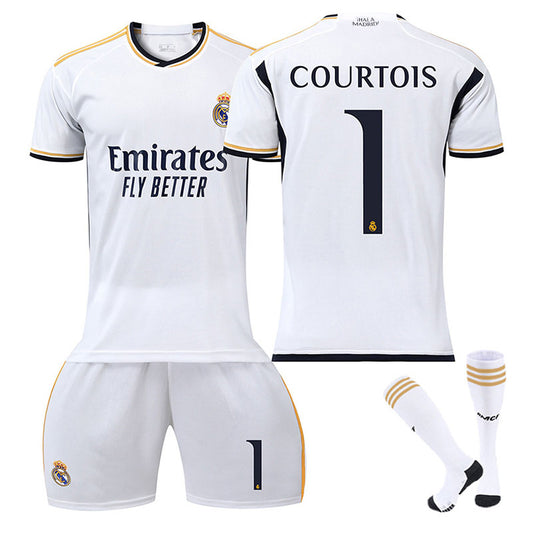 UONNO Real Madrid Home Jersey COURTOIS #1 Soccer Jersey Kids Adult 3Pcs Jersey Kits