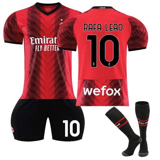 UONNO AC Milan Home Jersey RAFA LEAO #10 Soccer Jersey Kids Adult 3-Pieces Jersey Kits