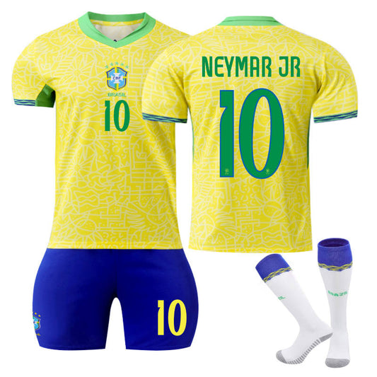 UONNO NEYMAR JR #10 Brazilian Home Jersey Soccer Jersey Kit Football T-shirt Set for Adult Kids