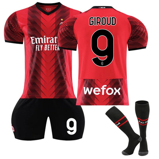 UONNO AC Milan Home Jersey GIROUD #9 Soccer Jersey Kids Adult 3-Pieces Jersey Kits