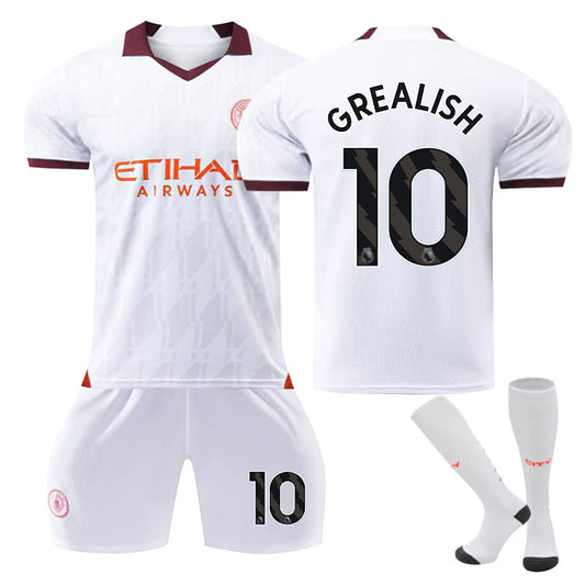 UONNO Manchester City Away Jersey GREALISH #10 Soccer Jersey Kids Adult 3Pcs Jersey Kits-White