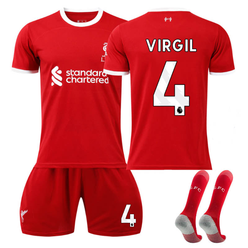 UONNO Liverpool Home Jersey VIRGIL #4 Soccer Jersey Kids Adult 3-Pieces Jersey Kits