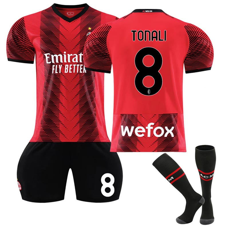 UONNO AC Milan Home Jersey TONALI #8 Soccer Jersey Kids Adult 3-Pieces Jersey Kits