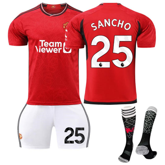 UONNO Red Devil Man Utd Home Jersey SANCHO #25 Soccer Jersey Kids Adult 3Pcs Jersey Kits