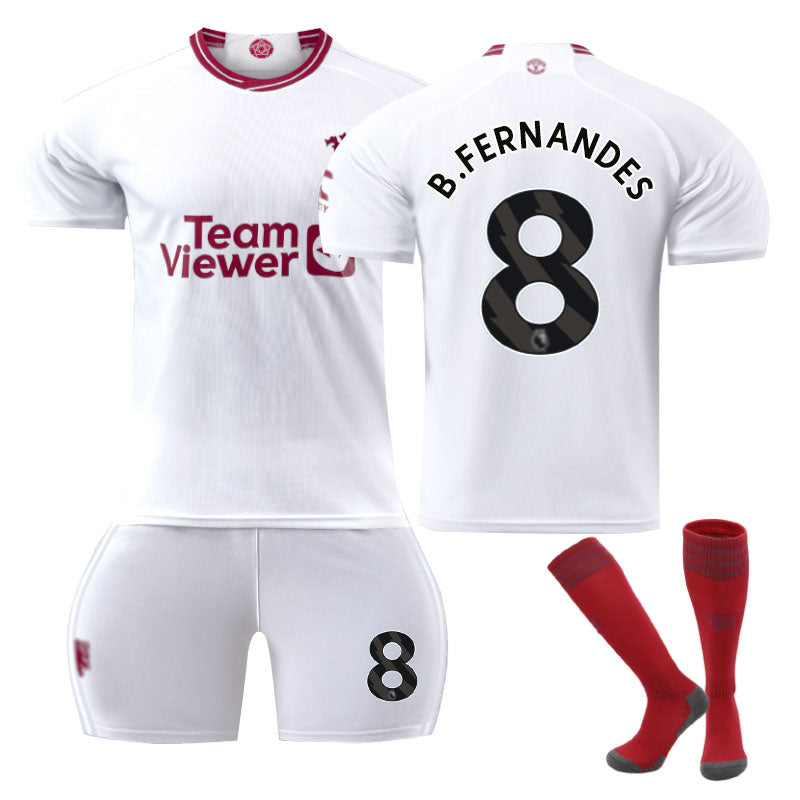 UONNO Red Devil Man Utd Second Away Jersey B.FERNANDES #8 Soccer Jersey Kids Adult 3Pcs Jersey Kits