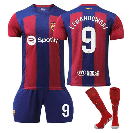 UONNO Barca Home Jersey LEWANDOWSKI #9 Soccer Jersey Kids Adult 3-Pieces Jersey Kits