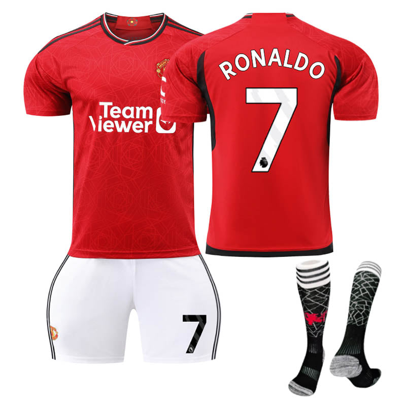 UONNO Red Devil Man Utd Home Jersey RONALDO #7 Soccer Jersey Kids Adult 3Pcs Jersey Kits