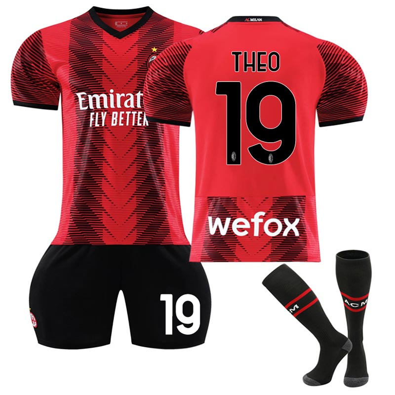 UONNO AC Milan Home Jersey THEO #19 Soccer Jersey Kids Adult 3-Pieces Jersey Kits