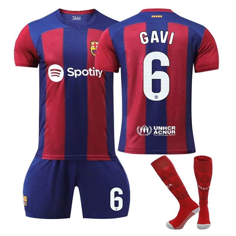 UONNO Barca Home Jersey GAVI #6 Soccer Jersey Kids Adult 3-Pieces Jersey Kits