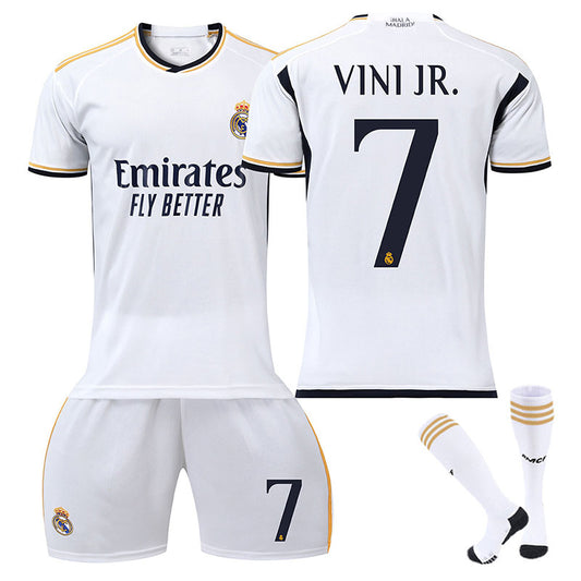 UONNO Real Madrid Home Jersey VINI JR. #7 Soccer Jersey Kids Adult 3Pcs Jersey Kits