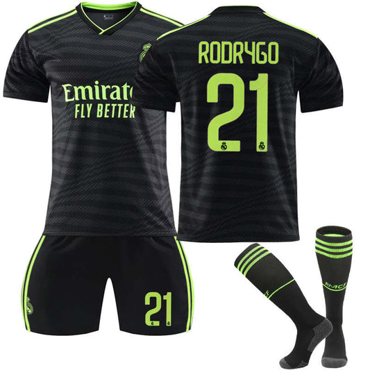 UONNO Real Madrid Second Away Jersey 2022-23 RODRYGO #21 Soccer Jersey Kids Adult 3-Pieces Jersey Kits