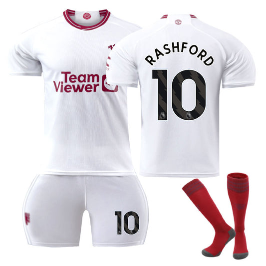 UONNO Red Devil Man Utd Second Away Jersey RASHFORD #10 Soccer Jersey Kids Adult 3Pcs Jersey Kits