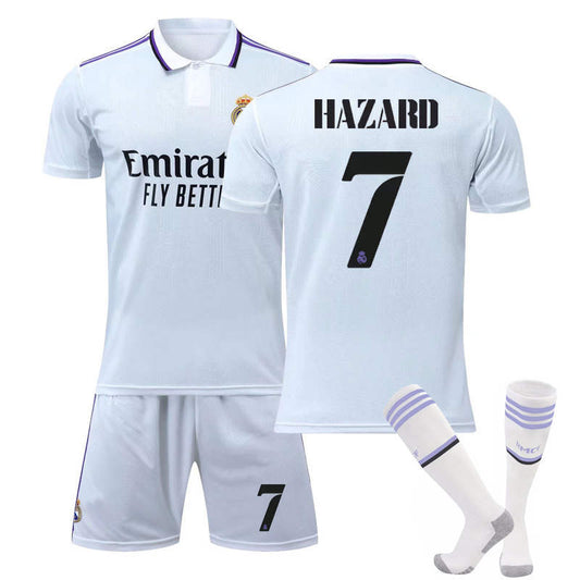 UONNO Real Madrid Home Jersey 2022-23 HAZARD #7 Soccer Jersey Kids Adult 3-Pieces Jersey Kits